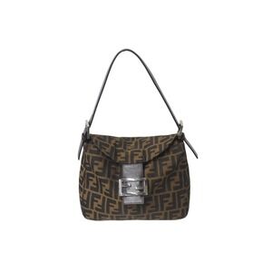 FENDI Zucca Mamma Bucket One Shoulder Hobo Bag Brown Canvas Leather Logo